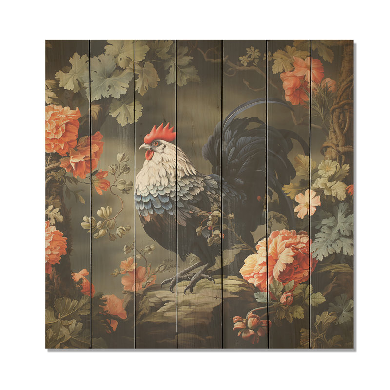 Coq dans le jardin de fleurs I - Animal de poulet sur bois, H 36 po x l 36 po