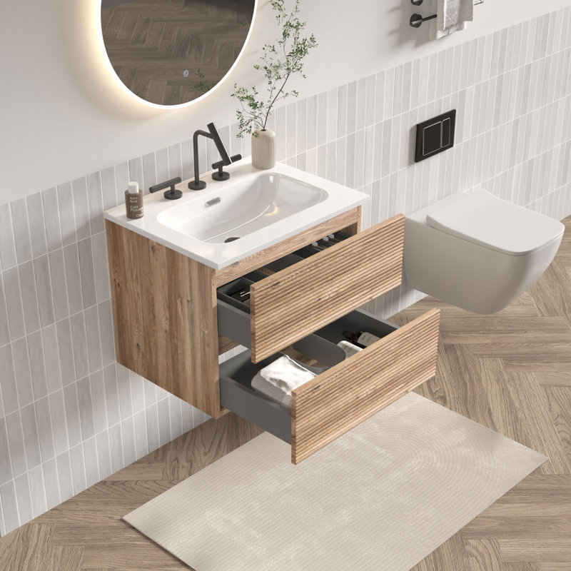 Meuble-lavabo mural simple avec lavabo en céramique Caryll, armoire de rangement moderne avec charnières à fermeture en douceur DTC, pour salle de bain, appartement et hôtel
