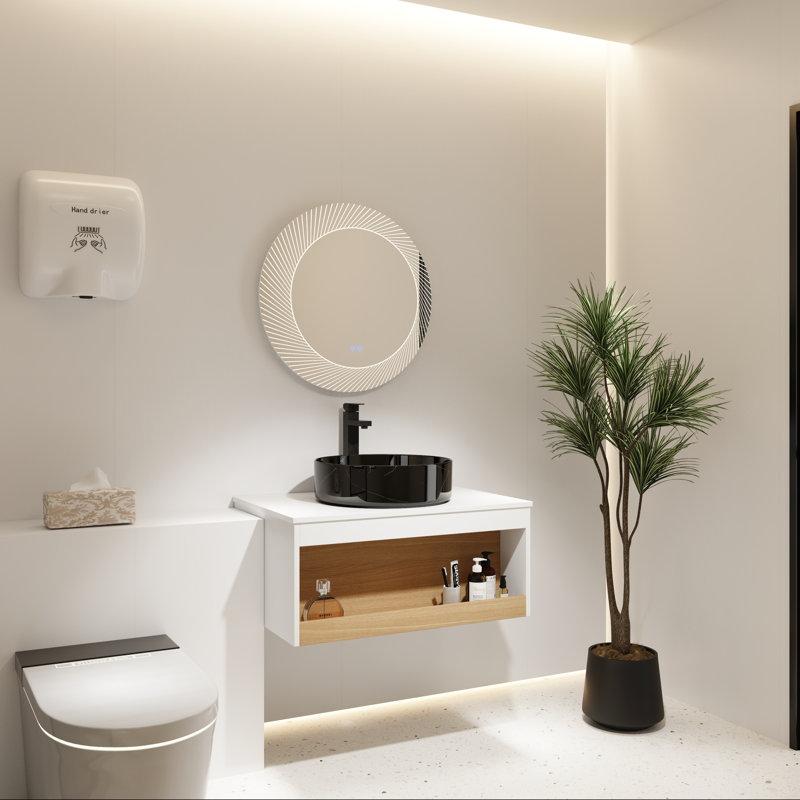 Meuble-lavabo flottant avec lavabo vasque noir veiné blanc et tablette ouverte, 30"