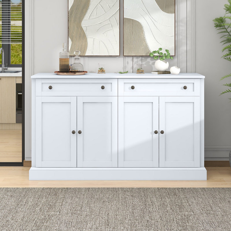 Kitchen Sideboard Storage Buffet Cabinet With 2 Drawers & 4 Doors Adjustable Shelves For Dining Room, Living Room, White