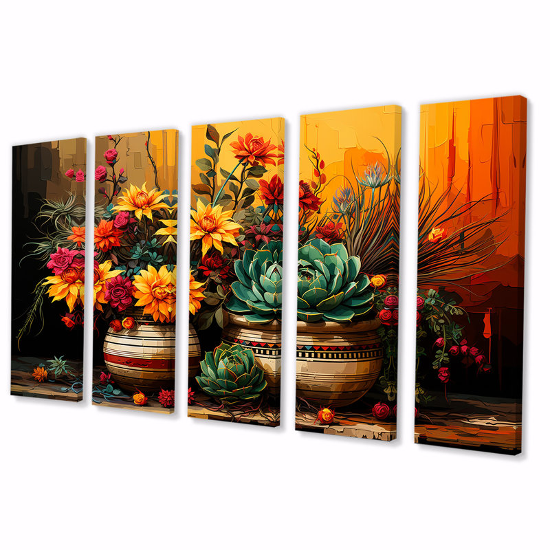 Boho Pottery Blooms - Boho Pottery, art mural 5 pièces, H 28 po x l 60 po