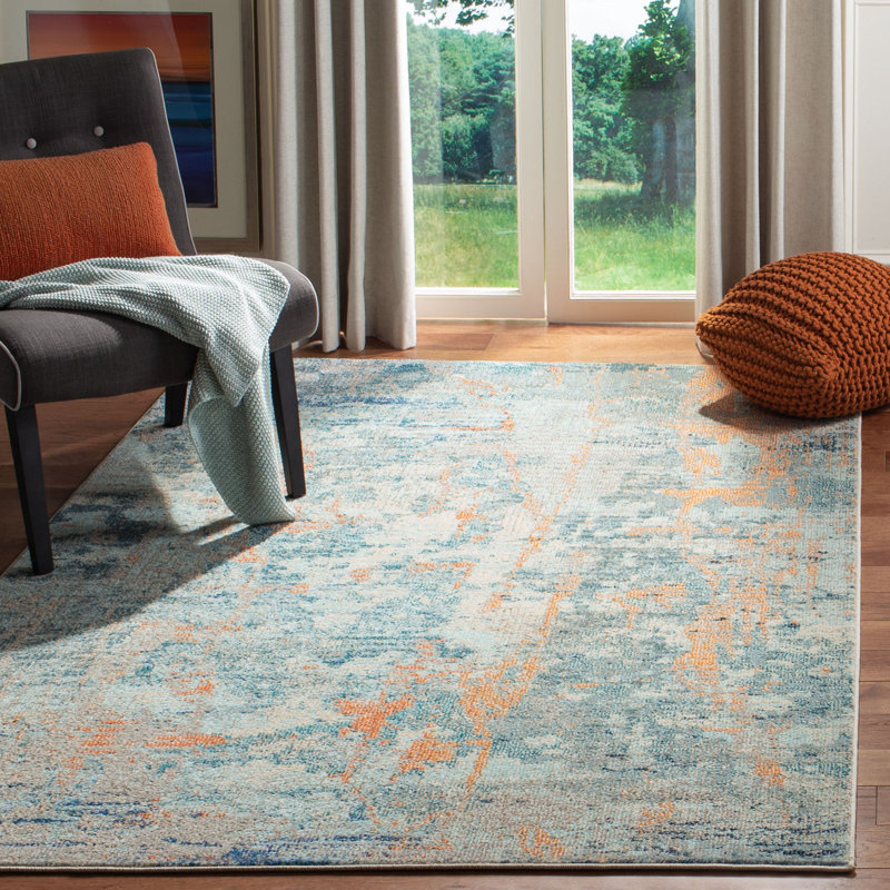 Tapis abstrait bleu / beige / orange Riccio, Rectangle 6 pi x 9 pi