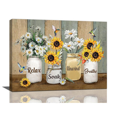 Farmhouse Sunflower Daisy Bathroom Decor Wall Art Rustic Hummingbird Yellow Floral Pictures Wall Decor Relax Soak Unwind Bathroom Sign Canvas Painting Prints Artwork Framed For Bedroom 24"X16"