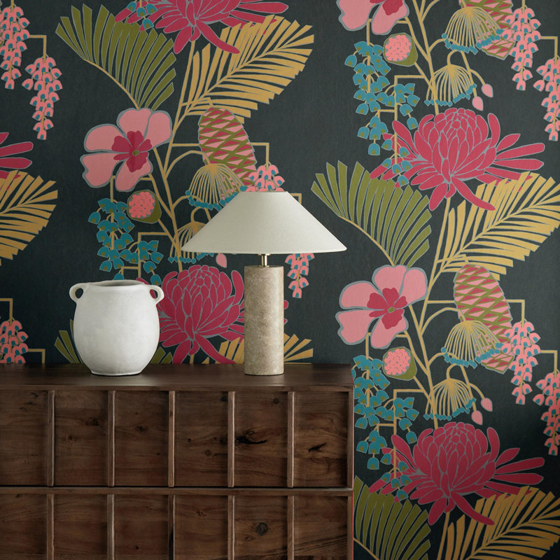 Salon Wallpaper, Platinum/Peacock/Seafoam