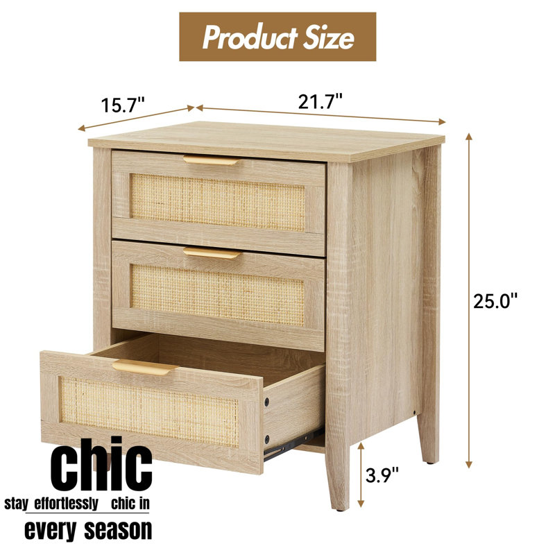 Table de chevet en rotin avec 3 tiroirs de rangement