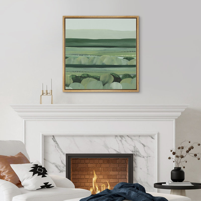 Green Abstract Landscape, 16" H x 16" W, Natural Floater Frame