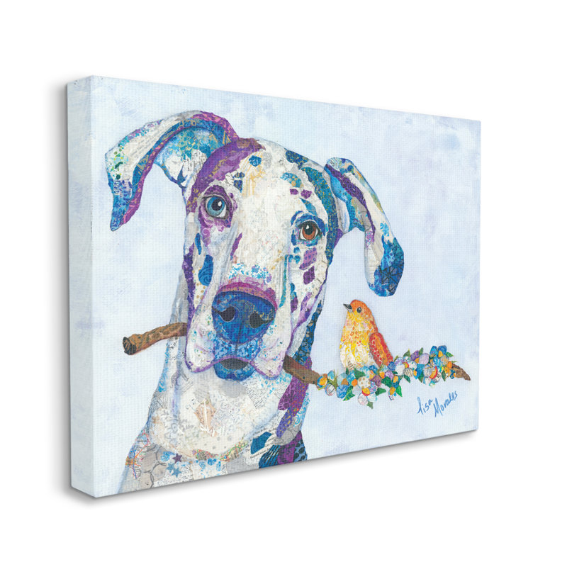 "Dane and Songbird" perché sur une branche de chien par Lisa Morales - peinture sur toile tendue, Toile tendue