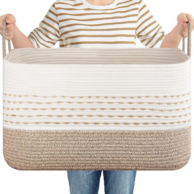 Grand panier de rangement en corde de coton 75L, panier à couverture décoratif doux pour le salon et la chambre à coucher, panier à linge Boho avec poignées pouvant contenir des oreillers, des vêtements et des jouets - brun et blanc