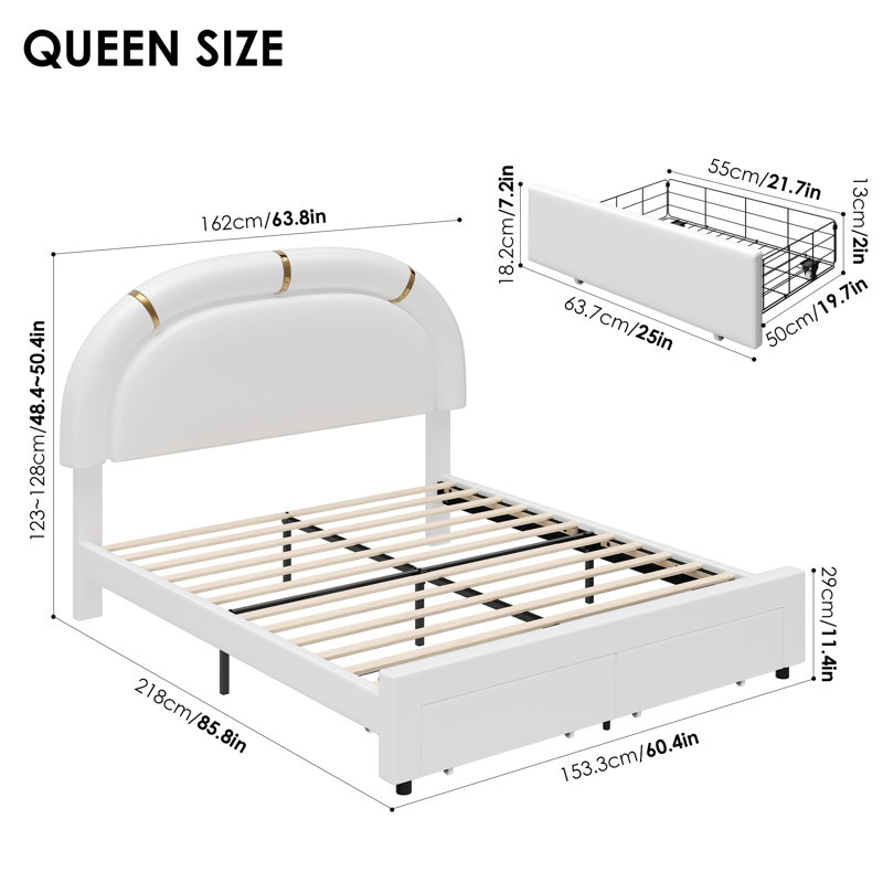 Upholstered Modern LED Bed With APP & Remote Control, White, Queen