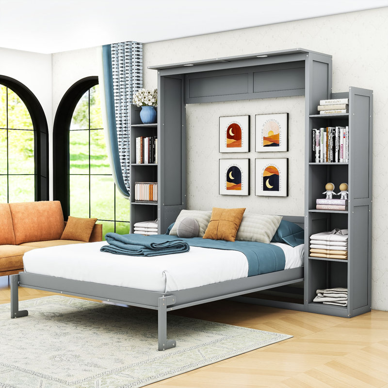 Dannen Murphy Bed with LED Lights and Adjustable Shelves, Full, Gray