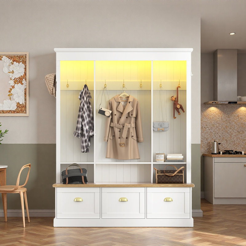 Elegant Hall Tree With App Controlled Led Light, 9 Hooks, Storage Bench, 3 Large Cabinets And Open Shelves, White
