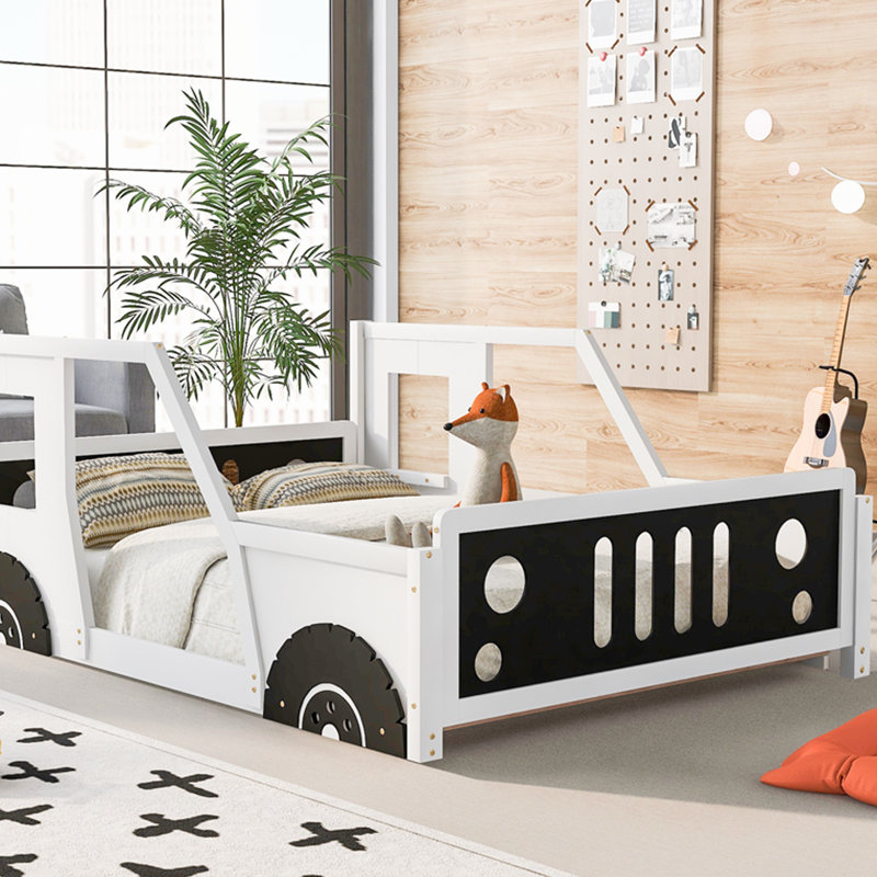 Lit plateforme double en forme de voiture classique avec roulettes, blanc, Blanc
