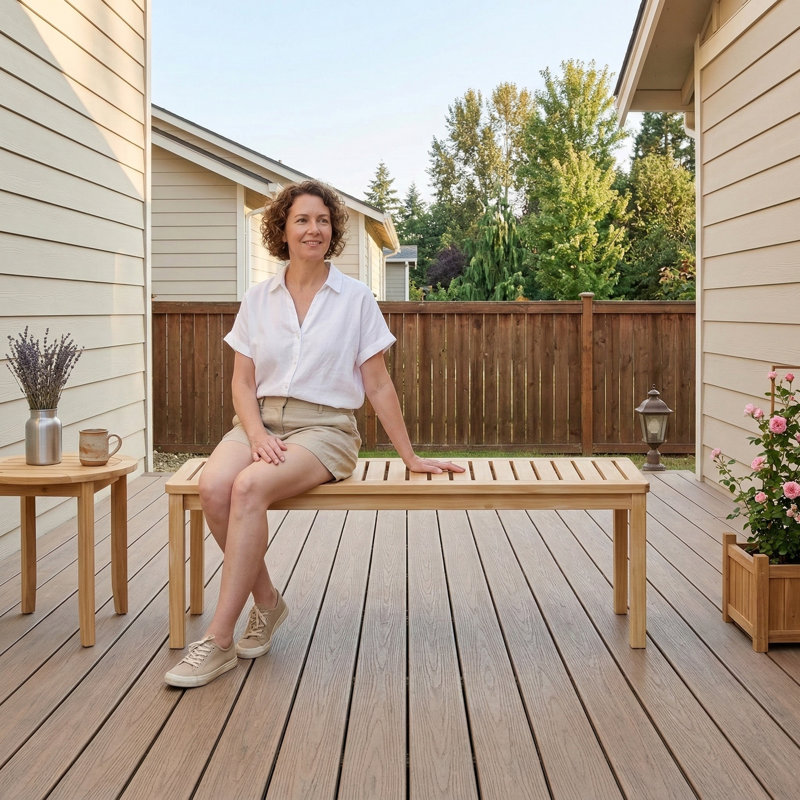 Outdoor Solid Wood Bench Measuring 52.1 Inches, Crafted from Knot-Free Pine with a Backless, Slatted Seat Design - Suitable for Dining Areas, Pools, and Beaches,