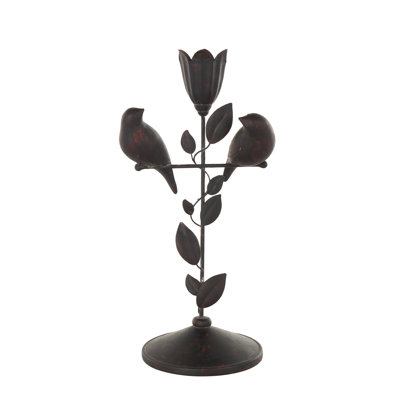 Cole And Grey Polystone Perching Bird Decorative Sculpture With Leaf Vine And Copper Shading