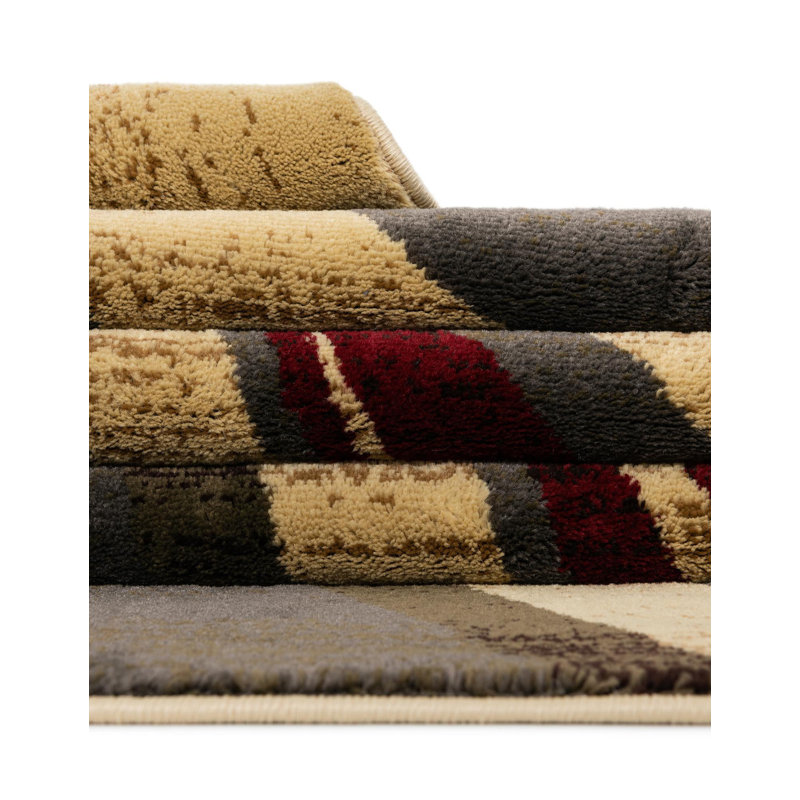Square Beige and Red Abstract Synthetic Indoor Rug