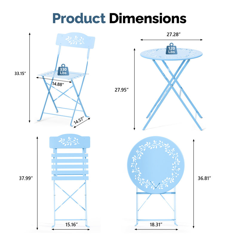3-Piece Bistro Set With Seat Cushions,Light Blue, Light Blue