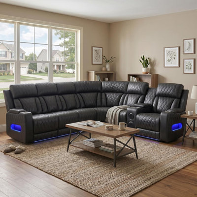 3-Pieces 202" Top Breathable Leather Power Reclining Home Theater Sectional with Wirelsee Chargers and LED Lighting