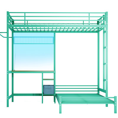 Metal Twin Over Bunk Bed With Guardrail, Desk And Storage, Space For Dorms L-Shaped , Shelves, , Ideal Teens