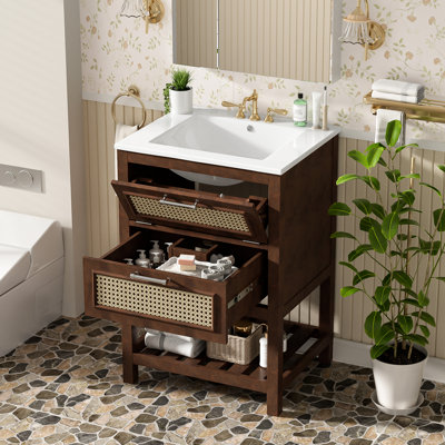 Meuble-lavabo de 24 po avec lavabo intégré, disposition compacte et élégante, un tiroir profond rabattable, pieds en bois massif, assemblage rapide, installation de robinet de 4 po, pièce moderne brun foncé