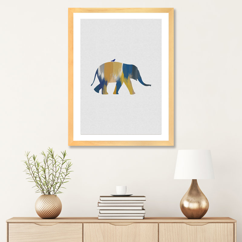 Éléphant bleu et jaune - impression d'art graphique, Papier encadré de bois naturel, H 32 po x l 24 po x P 1 po