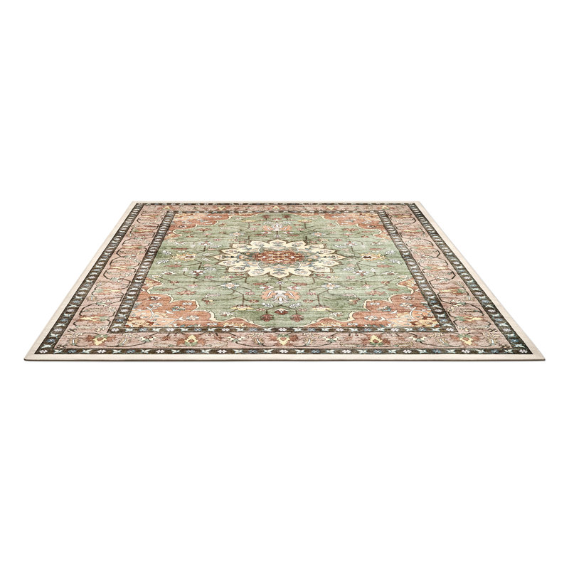 9 po x 12 pi Tapis rétro lavable à poils courts Tapis antidérapant à médaillon oriental pour salon / chambre à coucher