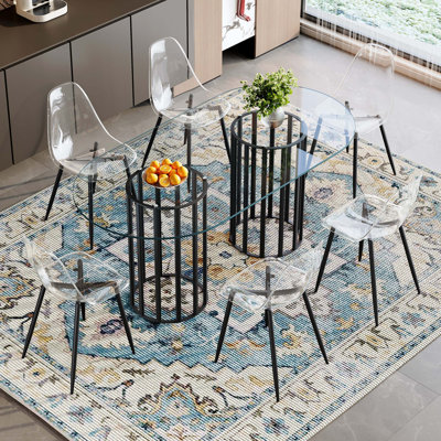 Light Luxury Oval Tempered Glass Dining Table Set with Transparent Chairs