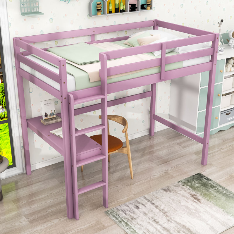 Twin Wood Loft Bed With Built-In Desk, Guardrail And Ladder, Pink