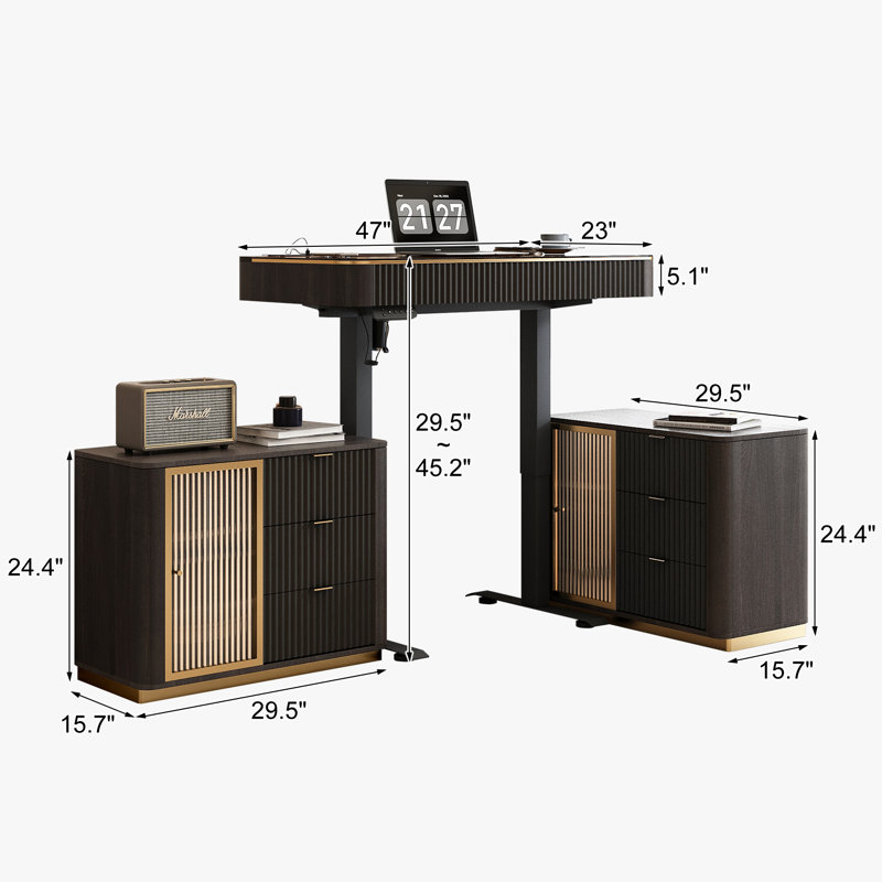 Height Adjustable Rectangle Standing Desk with Cabinet, 29.5"" H x 47"" W x 23"" D, Teal/Black Brown/Black