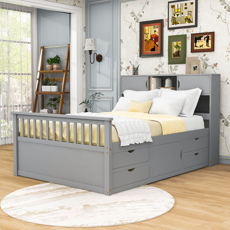 Lit plateforme multifonctionnel en bois avec tête de lit, tiroirs de rangement et tablettes, Gris, Double