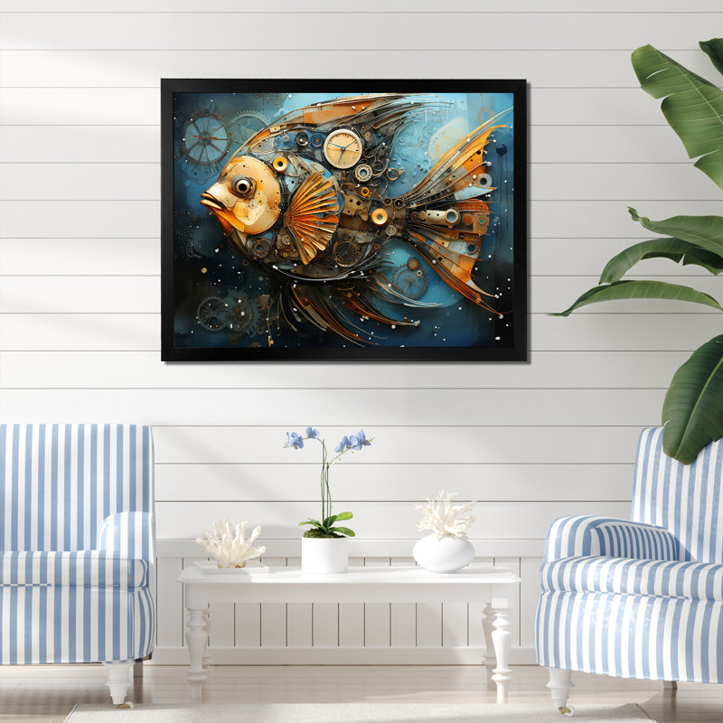 «Yellow Cubist Fish», art mural bleu, H 34 po x l 44 po x P 1,5 po, Cadre d'angle fermé noir