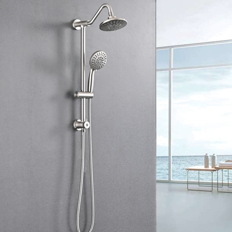 Système de pomme de douche double en nickel brossé avec hauteur réglable, pluie de 6 pouces et poche en nickel, pour un look élégant