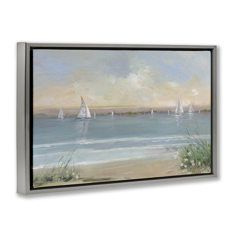 Cadre flottant Coastal Sailing At Dawn, design par Sally Swatland, H 17 po x l 25 po, Cadre flottant gris lustré