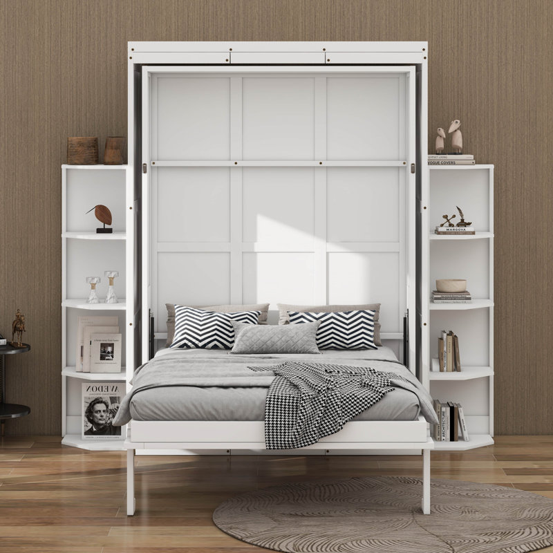 Grand lit escamotable avec armoire murale dissimulée, 2 tablettes latérales à 3 niveaux, bureau convertible, support de rangement supplémentaire