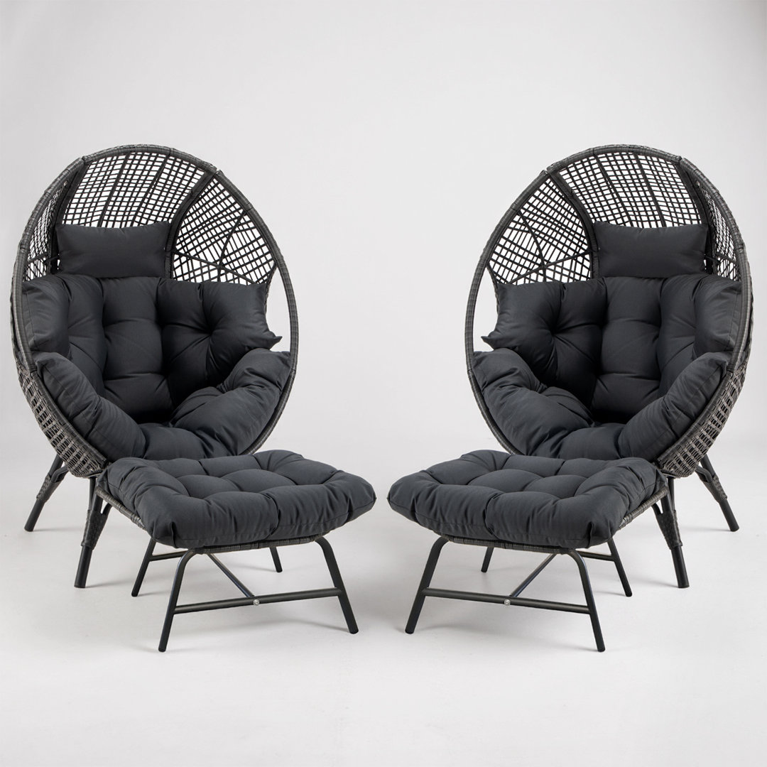 Bagryana 2-Piece Outdoor Wicker Egg Chair Set with Ottomans and Cushions – Indoor/Outdoor Patio Lounge Chairs Bayou Breeze Cushion 
