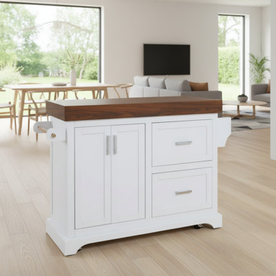 Large White Kitchen Island With A 3.5-Inch Thickened Countertop, Two Large Drawers With Shelves, And Five Wheels For Powerful Mobile Storage.