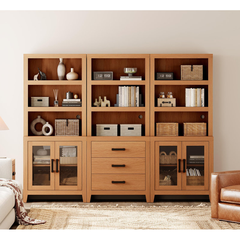 74" Tall  Bookshelf With Glass Doors And Drawers, Farmhouse Bookcase With Adjustable Shelves, Versatile Hutch Cabinet For Living Room, Home Office, Library, Brown