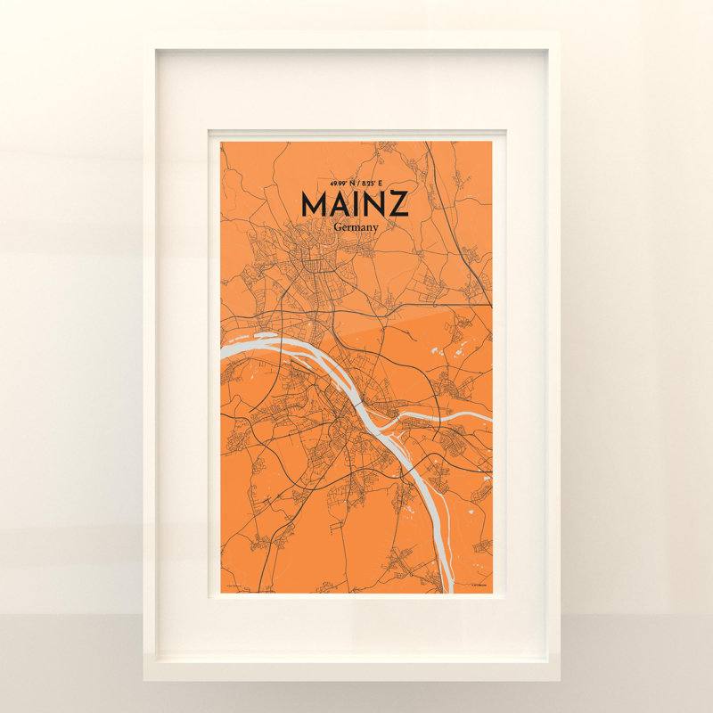 Mainz, carte de la ville, impression, H 17 po x l 11 po, Orange et gris