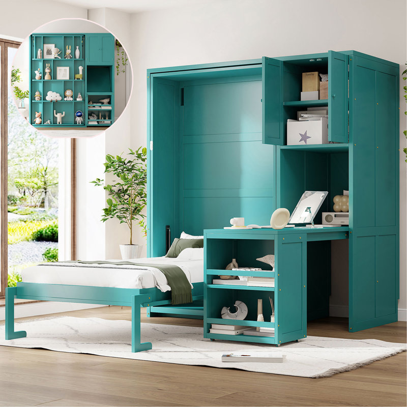 Lit escamotable mural rotatif avec bibliothèque, armoire supérieure, bureau extensible et rangement latéral, Sarcelle