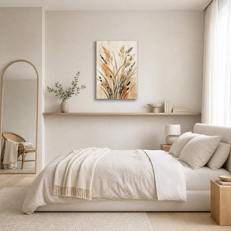 Tableau aquarelle sur toile représentant du blé et de l'herbe dans des tons terreux, H 36 po x l 24 po