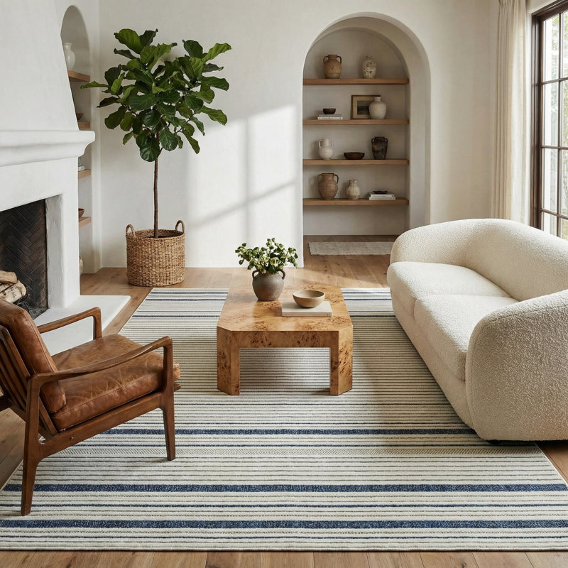 Tapis intérieur rayé crème / bleu 6 pi x 9 pi (5 pi 11 po x 9 pi 0 po) Maris de Tapis Branch, Rectangle 6' x 9'