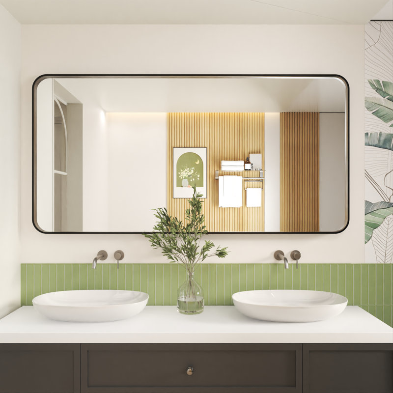Élégant miroir encadré en aluminium avec coin arrondi pour une décoration intérieure élégante, Noir mat, Rectangulaire