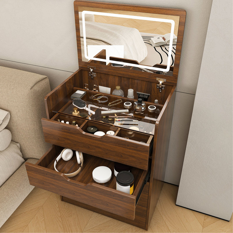 Bureau de coiffeuse 3 en 1 avec miroir éclairé et tabouret, coiffeuse à plateau rabattable, rangement compact pour la chambre à coucher, la salle de bain et le vestiaire (L 23,62 po, noyer)