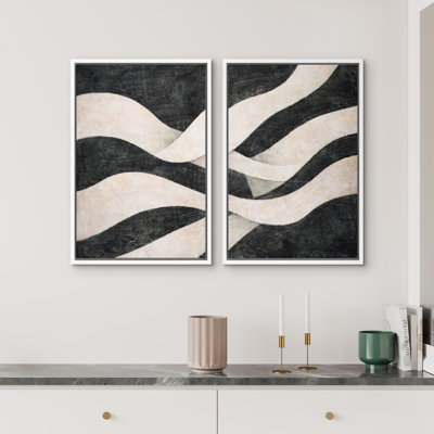 «Modern Wavy» noir et blanc à motif abstrait minimaliste, reproduction d'art sur toile encadrée, 2 pièces