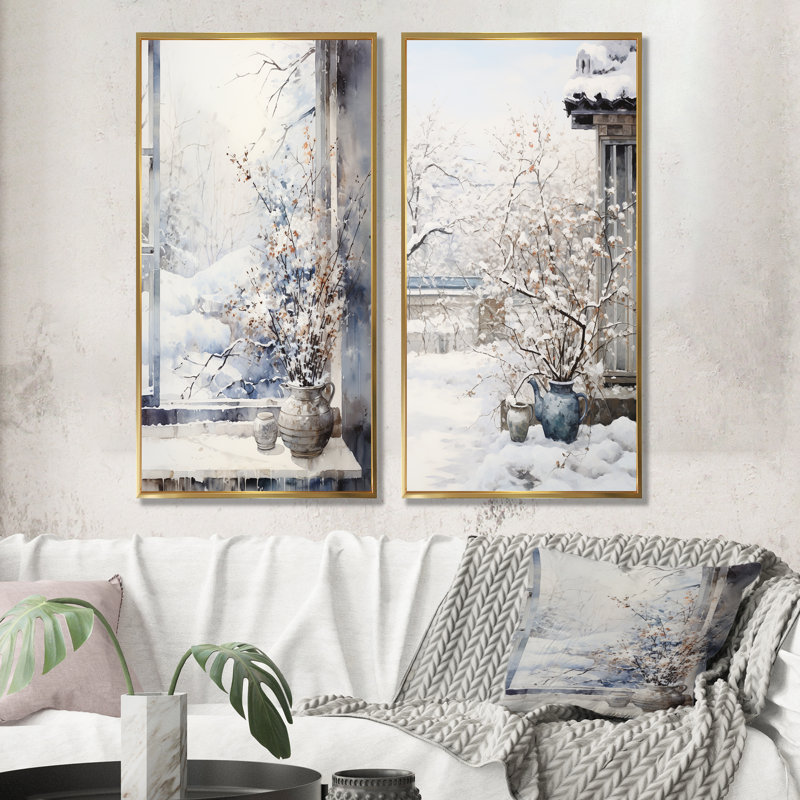 Ensemble de 2 décorations murales en forme de paysage, Cadre flottant doré, H 28 po x l 25 po