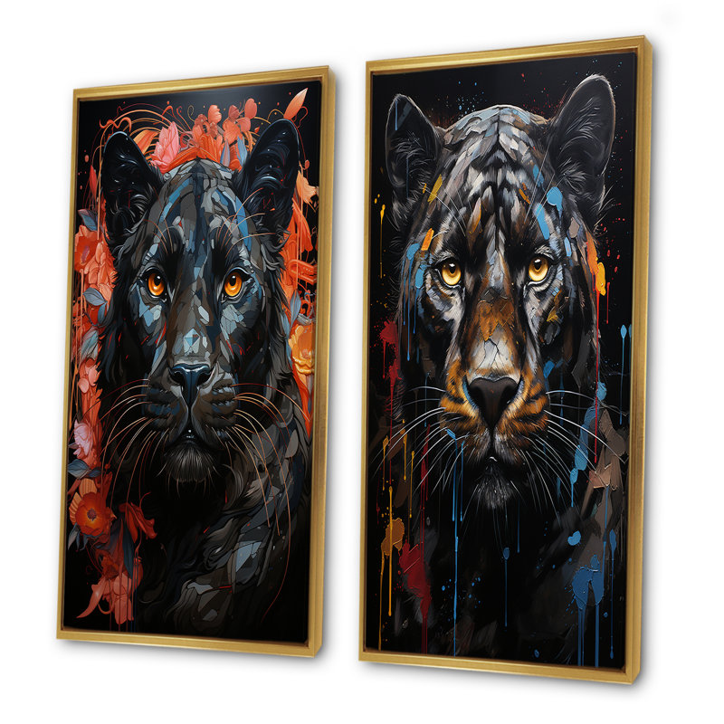 Graffiti Urban Panther Presence - ensemble de 2 impressions sur toile Panther, Encadrement doré, H 28 po x l 25 po