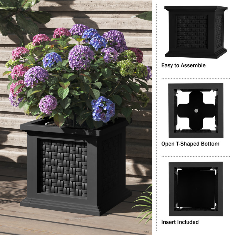 Pure Garden 14.65in Faux Rattan Planter Box, Black, Black