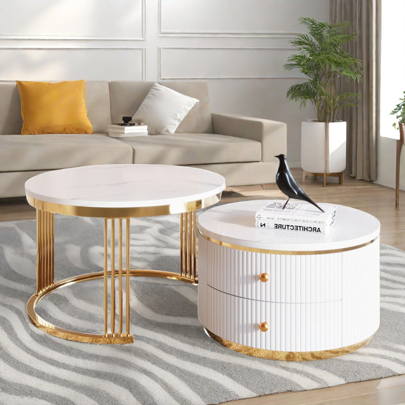 Modern 2 Pieces Round Nesting Coffee Table With 2 Drawers And Electroplated Gold Legs