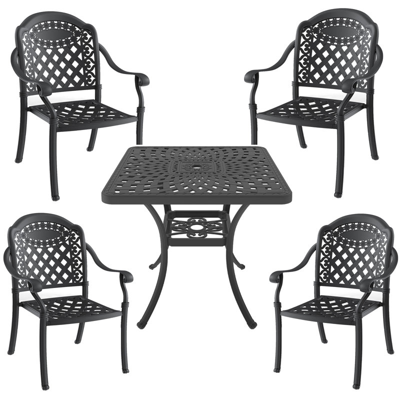 Ensemble de salle à manger d'extérieur en aluminium coulé 5 pièces 5 pièces Table carrée et coussins de couleur aléatoire