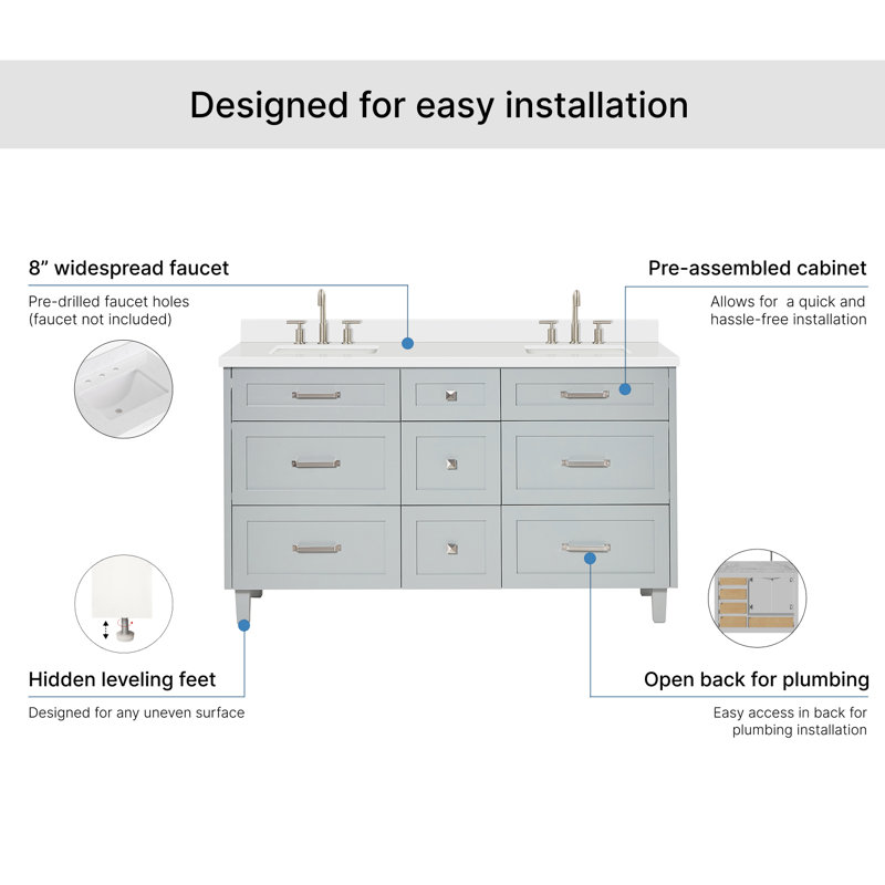 Meuble-lavabo double en bois massif ARIEL Monroe, Gris, 60" - 61", Pure White Quartz
