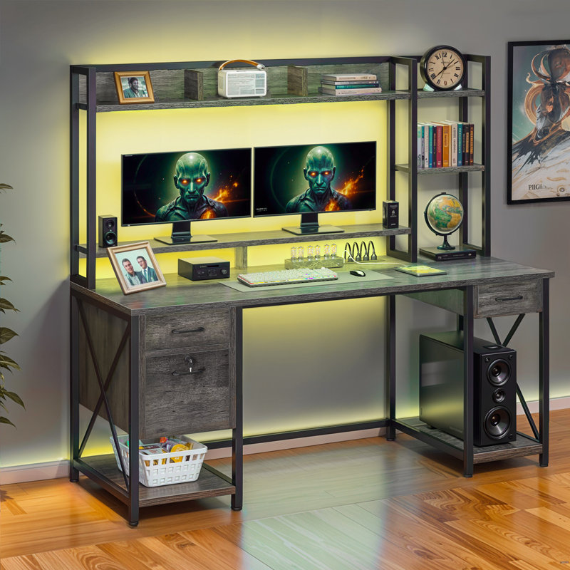 Bureau d'ordinateur l 59,1 po avec rehausse Labinot, Gris